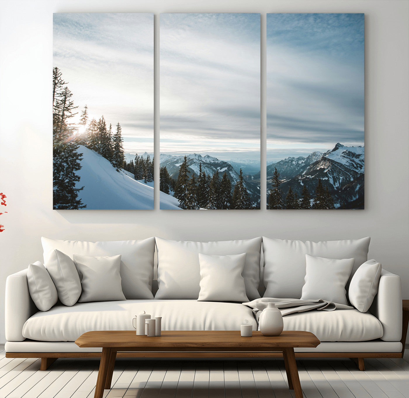 55564749-MGV-CV-36X24-Snowy Mountains Wall Art Canvas Print, Framed Alpine Landscape Art Picture Print, Frosty Peaks Perfect Nordic Minimalist Decor
