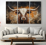 25265572-MGV-CV-36X24-Longhorn Bull Wall Art – Rustic Western Texas Steer Canvas Print, Textured Animal Painting for Home, Office, Man Cave or Farmhouse