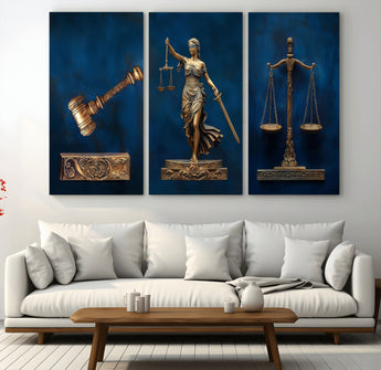 91629053-MGV-CV-36X24-Lady Justice Wall Art – Golden Gavel and Scales Canvas Print, Elegant Legal Office Decor for Lawyers, Judges, Courtroom or Study