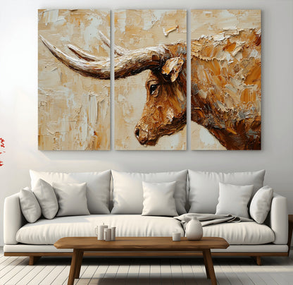 69611428-MGV-CV-36X24-Longhorn Bull Wall Art – Rustic Western Canvas Print, Textured Farmhouse Cattle Painting for Living Room, Office, or Ranch House