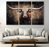 24779067-MGV-CV-36X24-Longhorn Bull Wall Art – Western Rustic Canvas Print, Bold Cowboy Cattle Painting for Ranch House, Farmhouse, Office, or Living