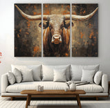 19204445-MGV-CV-36X24-Texas Longhorn Bull Wall Art – Rustic Western Canvas Print, Bold Cowboy Cattle Painting for Ranch House, Farmhouse, Office, or