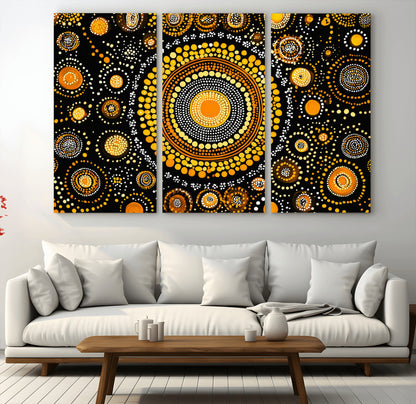 45478523-MGV-CV-36X24-Abstract Circle Wall Art – Bold Black and Gold Dot Painting Canvas Print, Modern Geometric Mandala Style Decor for Living Room or