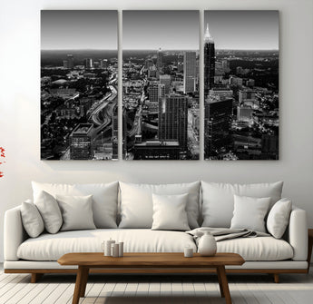 46578567-MGV-CV-36X24-Atlanta Skyline Wall Art – Black and White Cityscape Canvas Print, Modern Urban Night Decor for Office, Living Room, or Apartment