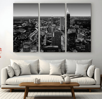 46578567-MGV-CV-36X24-Atlanta Skyline Wall Art – Black and White Cityscape Canvas Print, Modern Urban Night Decor for Office, Living Room, or Apartment