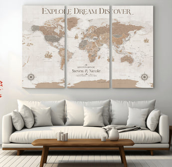 63516865-MGV-CV-36X24-Explore Dream Discover World Map Wall Art – Inspirational Travel Adventure Canvas Print, Neutral Parchment Style Explorer Decor