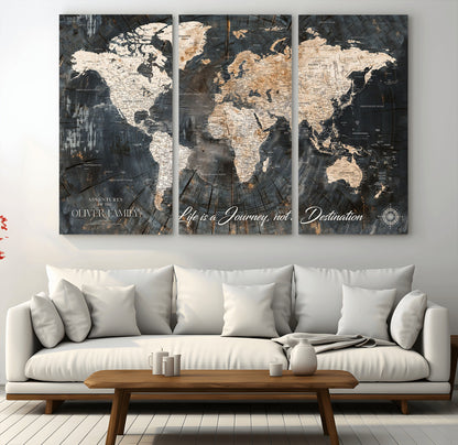 37848568-MGV-CV-36X24-Life is a Journey Not a Destination World Map Rustic Wood Texture Vintage Beige Navy Adventure Wall Art Canvas Print for Home