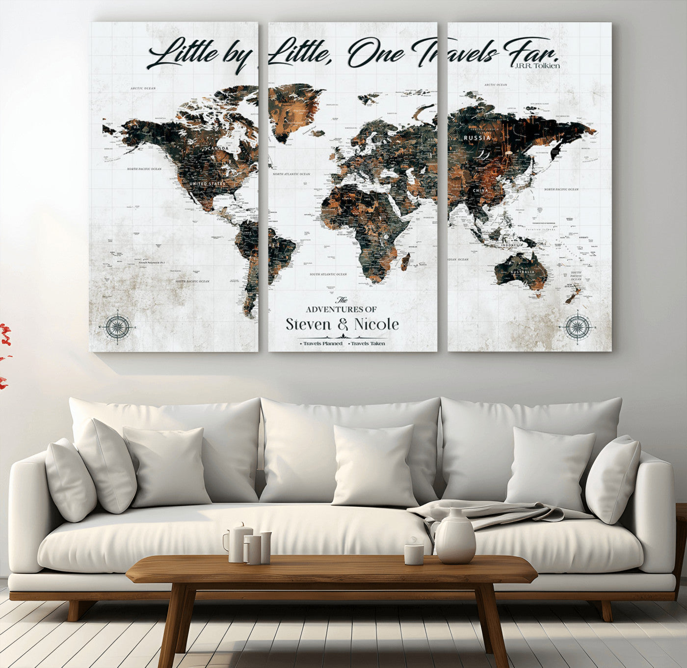 88337180-MGV-CV-36X24-Little by Little One Travels Far Tolkien Quote World Map Rustic Black Brown Adventure Wall Art Canvas Print for Home Office Living
