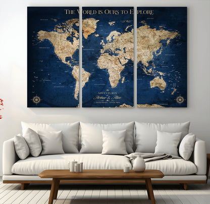 54782997-MGV-CV-36X24-The World is Ours to Explore Wall Art – Blue World Map Canvas Print, Adventure Travel Decor for Home, Office or Living Room,