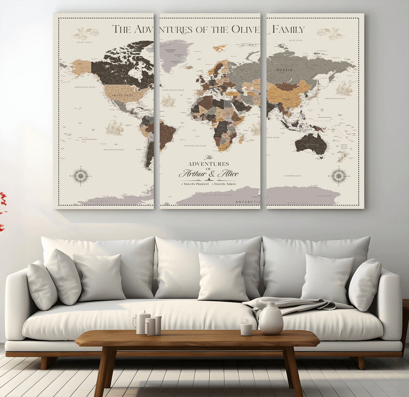 38723540-MGV-CV-36X24-Adventures of the Oliver Family Wall Art – Earth Tone World Map Canvas Print, Minimalist Travel Decor for Living Room, Bedroom or