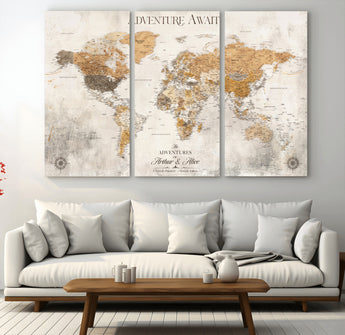 99422096-MGV-CV-36X24-Adventure Awaits World Map Wall Art – Neutral Beige Canvas Print, Modern Travel Inspired Wall Decor for Living Room, Bedroom or