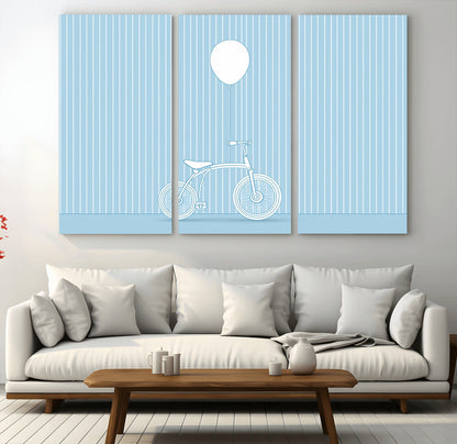 56479838-MGV-CV-36X24-Bicycle Wall Art – Minimalist Blue Canvas Print with Balloon Illustration, Modern Decor Artwork for Kids Room, Nursery, or Living