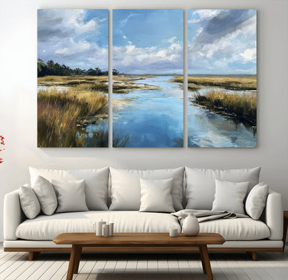 87082041-MGV-CV-48X32-3P-Painted Marshland Canvas Wall Art – Serene Water Reflection, Blue Sky, Golden Grass Landscape, Calm Nature Decor for Home, Office,
