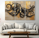 57944271-MGV-CV-36X24-Octopus Wall Art – Black and Gold Nautical Canvas Print, Modern Ocean Inspired Artwork with Elegant Detailing, Coastal Marine