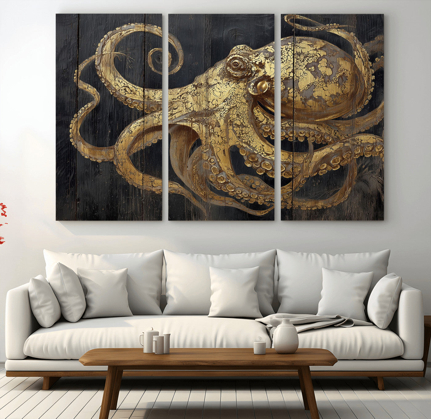 47056538-MGV-CV-48X32-3P-Octopus Canvas Wall Art – Gold Detail, Wooden Texture, Marine Life, Ocean Creature Tentacles, Nautical Coastal Rustic Decor for