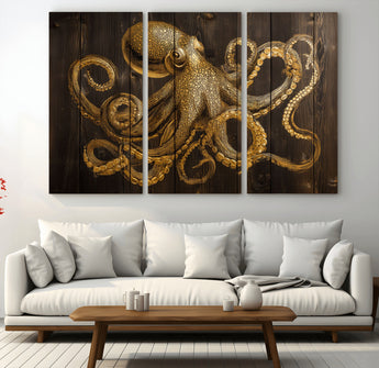 56769669-MGV-CV-36X24-Octopus Wall Art – Gold Nautical Canvas Print with Rustic Wood Panel Design, Detailed Marine Artwork for Coastal Ocean Decoration