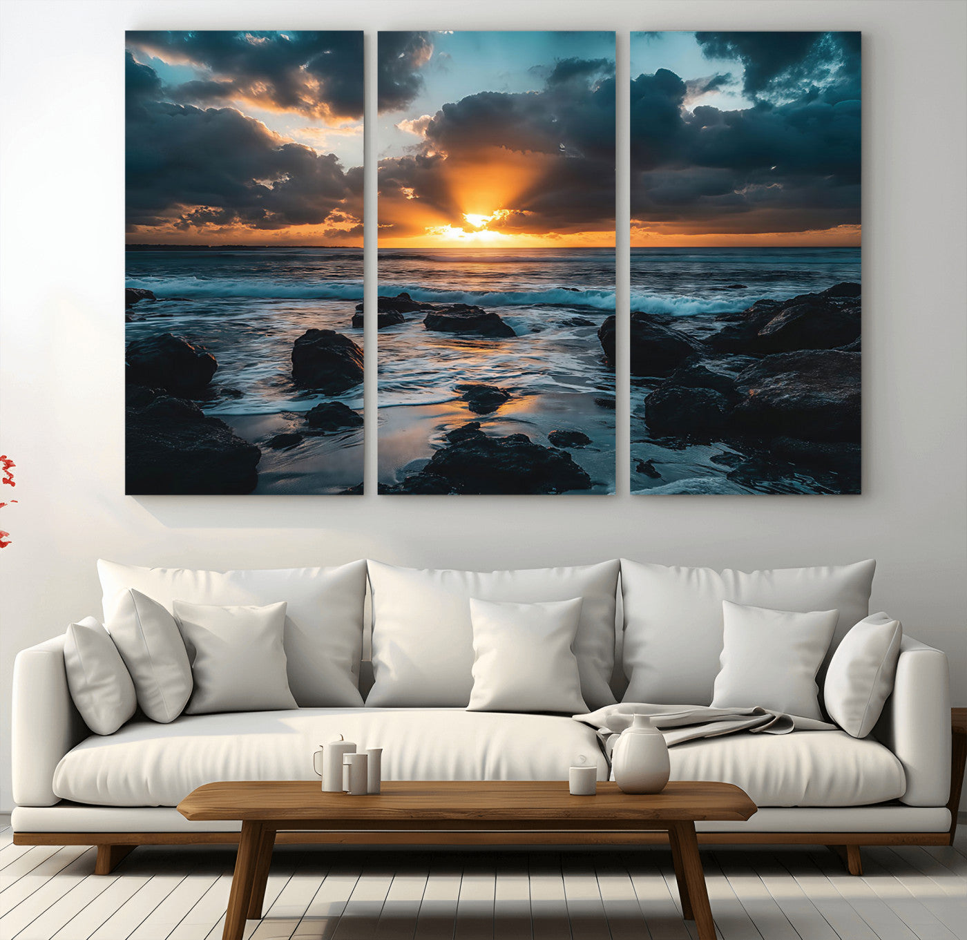 66040852-MGV-CV-48X32-3P-Ocean Sunset Canvas Wall Art – Rocky Shore Waves, Dramatic Clouds, Golden Sun Rays, Coastal Nature, Serene Water Reflection for