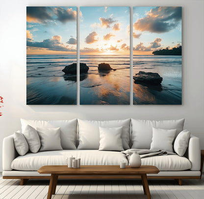 23879436-MGV-CV-36X24-Ocean Sunset Wall Art – Serene Seascape Canvas Print with Golden Sky, Reflections on Sand and Calm Waves, Peaceful Coastal