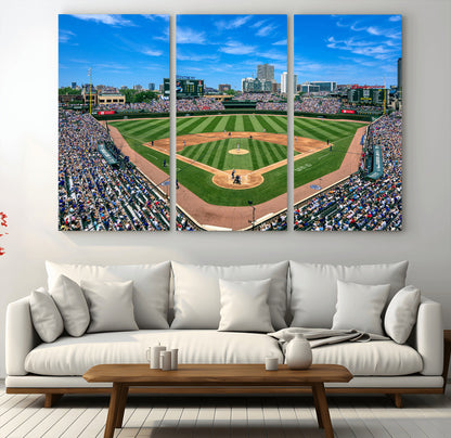 35800083-MGV-CV-48X32-3P-Wrigley Field Baseball Stadium Canvas Wall Art – Packed Crowd Sports Stadium Print, City Skyline Baseball Field Canvas for Game