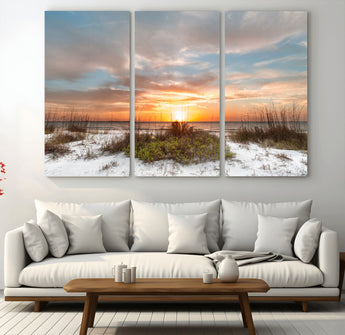 58266230-MGV-CV-36X24-Beach Sunset Wall Art – Coastal Canvas Print with Sandy Dunes, Sea Grass and Golden Sky, Serene Ocean Landscape Photography for