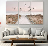 34632598-MGV-CV-48X32-3P-Coastal Pathway Canvas Wall Art – Framed Seaside Landscape, Large Beach and Birds Canvas Print for Home, Office, or Living Room