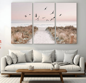 34632598-MGV-CV-36X24-Beach Pathway Wall Art – Coastal Canvas Print with Sandy Trail, Flying Birds and Pastel Sky, Serene Ocean Landscape Photography