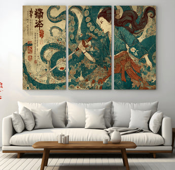 46837670-MGV-CV-48X32-3P-Tsukioka Yoshitoshi Samurai Wall Art Print, Japanese Katana Warrior Canvas Wall Art, Octopus Sea Monster Canvas Print,