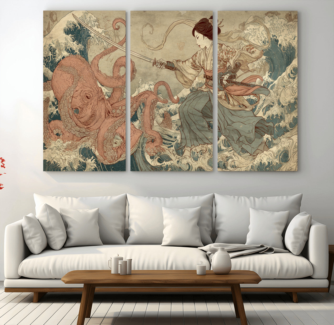54879547-MGV-CV-48X32-3P-Tsukioka Yoshitoshi Samurai Wall Art Print, Japanese Katana Warrior Canvas Wall Art, Octopus Sea Monster Canvas Print,