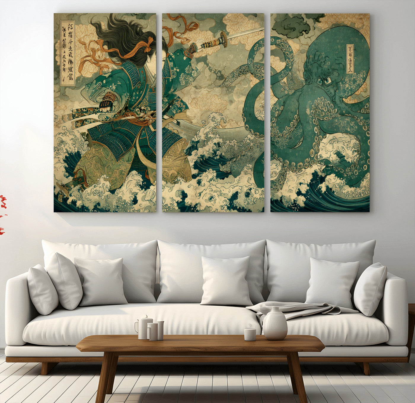 24416422-MGV-CV-48X32-3P-Tsukioka Yoshitoshi Samurai Wall Art Print, Japanese Katana Warrior Canvas Wall Art, Octopus Sea Monster Canvas Print,