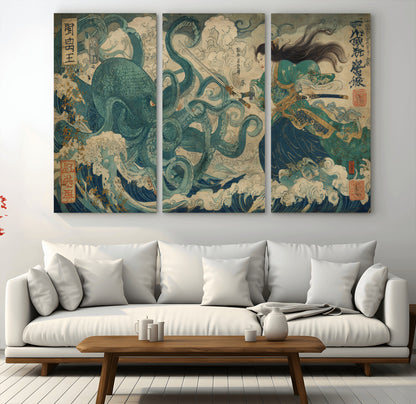 60346622-MGV-CV-48X32-3P-Tsukioka Yoshitoshi Samurai Wall Art Print, Japanese Katana Warrior Canvas Wall Art, Octopus Sea Monster Canvas Print,