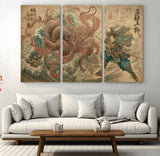 63782167-MGV-CV-48X32-3P-Tsukioka Yoshitoshi Samurai Wall Art Print, Japanese Katana Warrior Canvas Wall Art, Octopus Sea Monster Canvas Print,