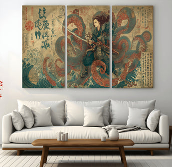 98593115-MGV-CV-48X32-3P-Tsukioka Yoshitoshi Samurai Wall Art Print, Japanese Katana Warrior Canvas Wall Art, Octopus Sea Monster Canvas Print,
