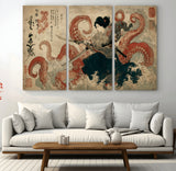 50812504-MGV-CV-36X24-Samurai Woman vs Octopus Wall Art – Japanese Ukiyo-e Red Tentacle Canvas Print, Ocean Battle Artwork for Living Room, Office, Man
