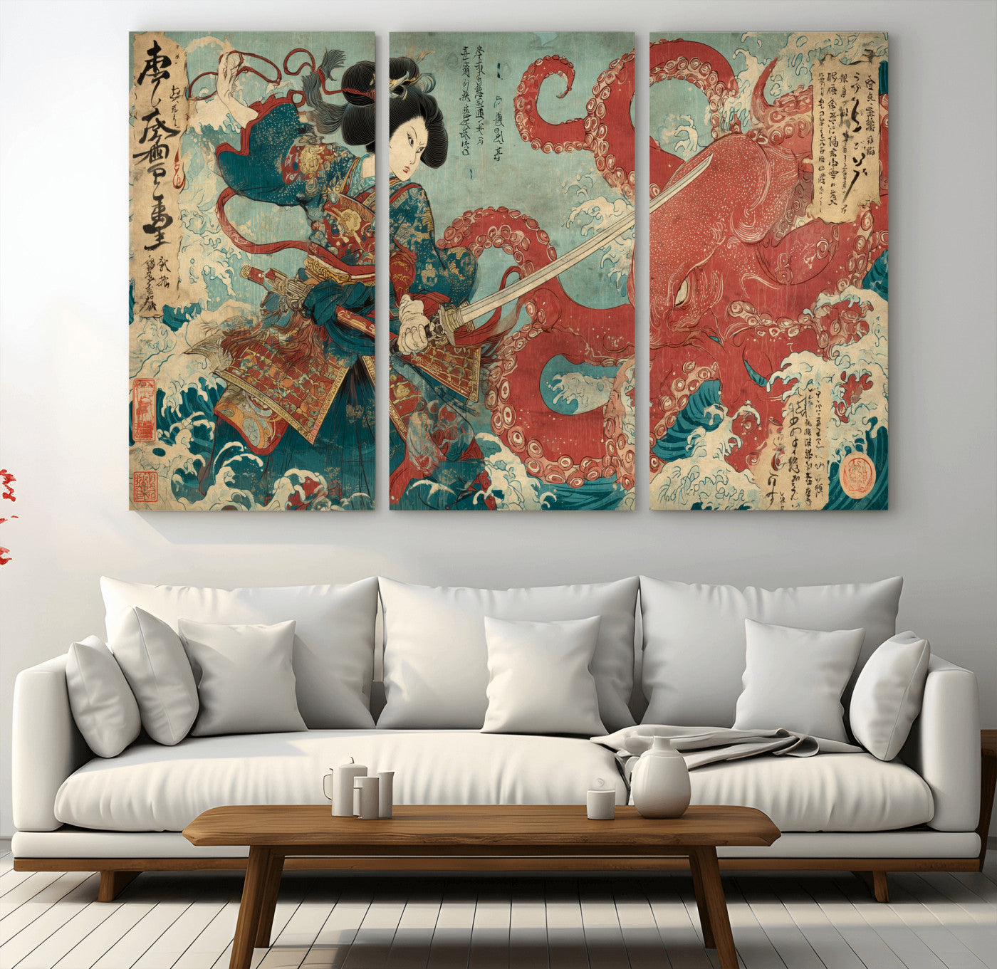 68844327-MGV-CV-48X32-3P-Tsukioka Yoshitoshi Samurai Wall Art Print, Japanese Katana Warrior Canvas Wall Art, Octopus Sea Monster Canvas Print,