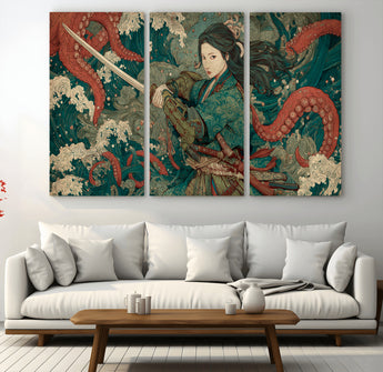 35461724-MGV-CV-36X24-Samurai Woman vs Octopus Wall Art – Japanese Ukiyo-e Ocean Waves Canvas Print, Red Tentacle Battle Artwork for Living Room,