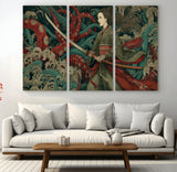 18902796-MGV-CV-36X24-Samurai Woman vs Octopus Wall Art – Japanese Ukiyo-e Green Kimono Canvas Print, Ocean Battle Scene Artwork for Living Room,