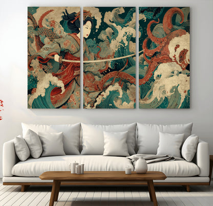30212982-MGV-CV-48X32-3P-Samurai Woman vs Octopus Wall Art – Japanese Ukiyo-e Style Warrior and Sea Monster Canvas Print, Mythology Inspired Artwork for