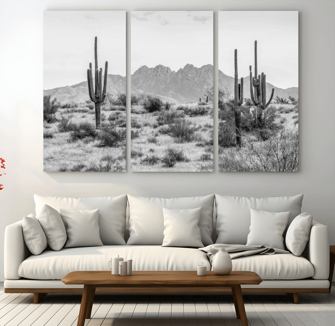 97436PHN-MGV-CV-36X24-Desert Landscape Wall Art – Black and White Cactus and Mountain Canvas Print, Southwestern Nature Photography for Living Room,