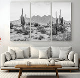 97436PHN-MGV-CV-36X24-Desert Landscape Wall Art – Black and White Cactus and Mountain Canvas Print, Southwestern Nature Photography for Living Room,