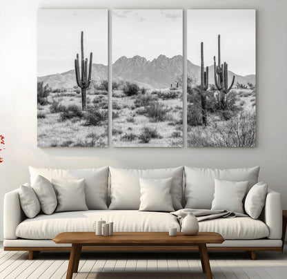 97436PHN-MGV-CV-36X24-Desert Landscape Wall Art – Black and White Cactus and Mountain Canvas Print, Southwestern Nature Photography for Living Room,