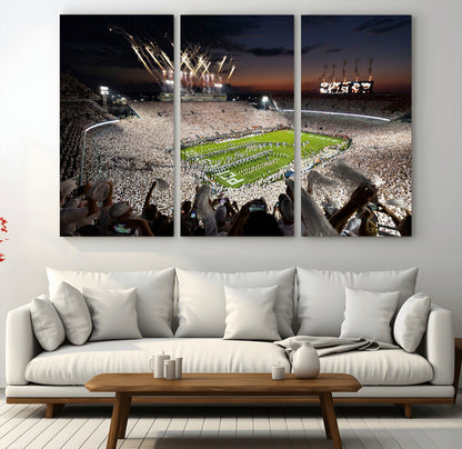 Penn-MGV-CV-36X24-Football Stadium Wall Art – Panoramic Night Game Canvas Print, Packed Crowd with Fireworks, Sports Decor for Office, Man Cave, Bar