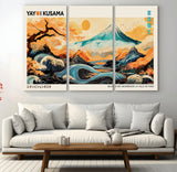 94085549-MGV-CV-48X32-3P-Yayoi Kusama Inspired Japanese Landscape Art Print – Vibrant Mount Fuji, Waves & Autumn Trees, Modern Decorative Poster for