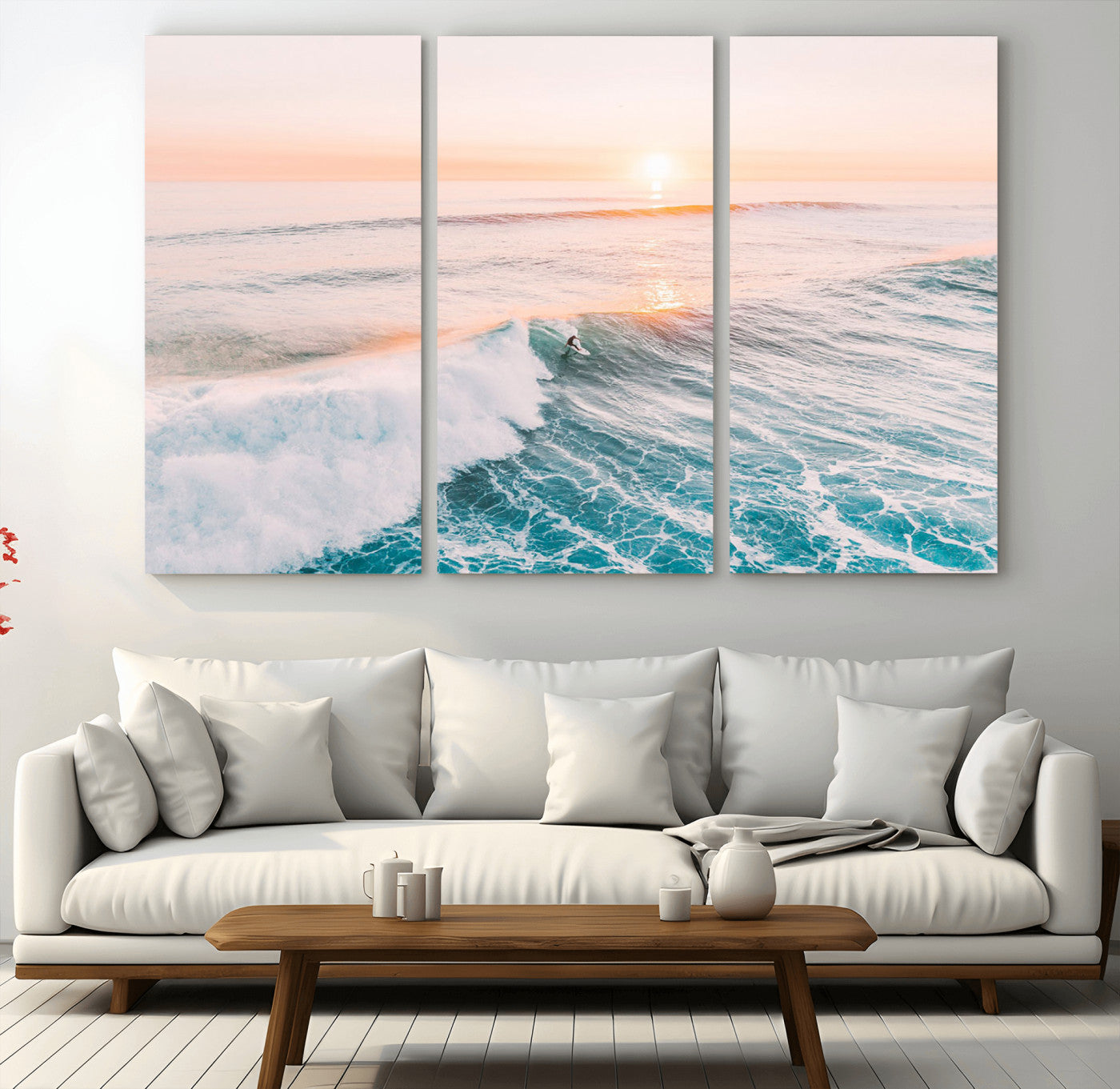 34064591-MGV-CV-36X24-Surfing Wall Art – Sunset Ocean Wave Canvas Print, Surfer Riding Sea Photography Decor for Bedroom, Living Room, Office, Coastal