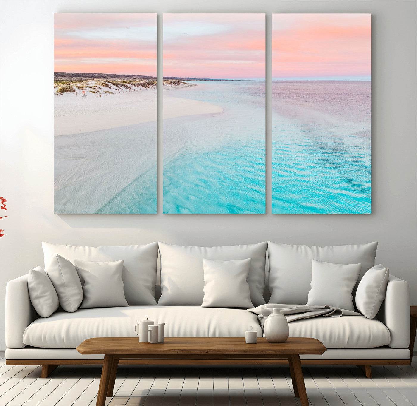 41613614-MGV-CV-36X24-Beach Sunset Wall Art – Pastel Ocean Canvas Print, Turquoise Water and Pink Sky Photography Decor for Bedroom, Living Room, Office
