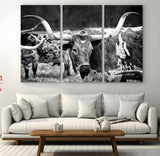 15425553-MGV-CV-36X24-Western Wall Art – Longhorn Cattle Black and White Canvas Print, Rustic Ranch Photography Decor for Bedroom, Living Room, Office,