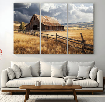 23718739-MGV-CV-36X24-Farmhouse Wall Art – Rustic Barn and Golden Wheat Field Canvas Print, Country Landscape Photography Decor for Bedroom, Living