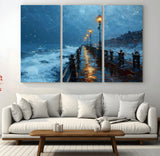 93793246-MGV-CV-36X24-Stormy Night Pier Canvas Wall Art – Moody Ocean Landscape with Lights, Blue Coastal Seascape Print for Bedroom, Living Room,