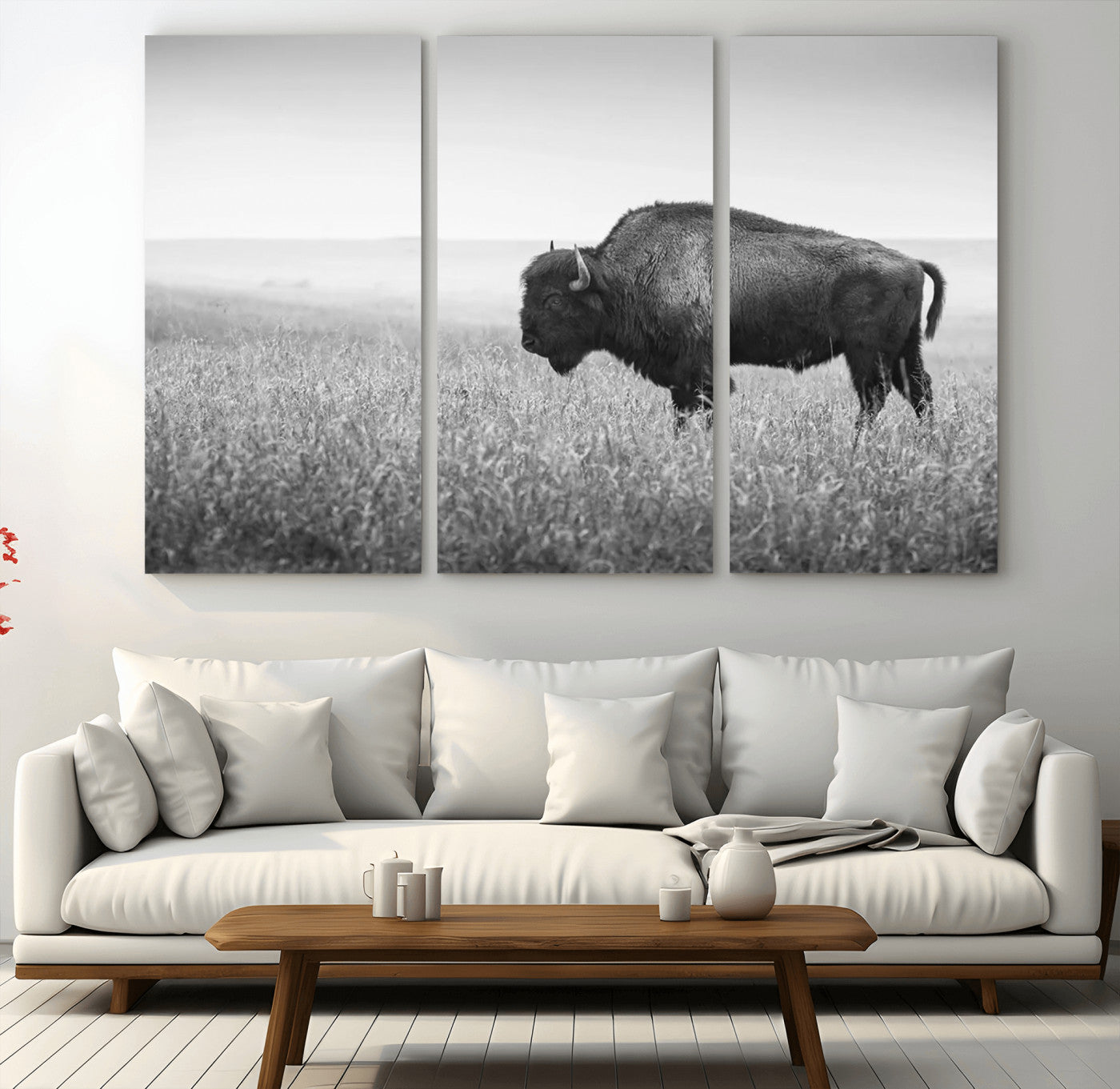 90861202-MGV-CV-36X24-Black and White Bison Canvas Wall Art – Rustic American Buffalo Print, Western Wildlife Photography for Farmhouse, Cabin, Office