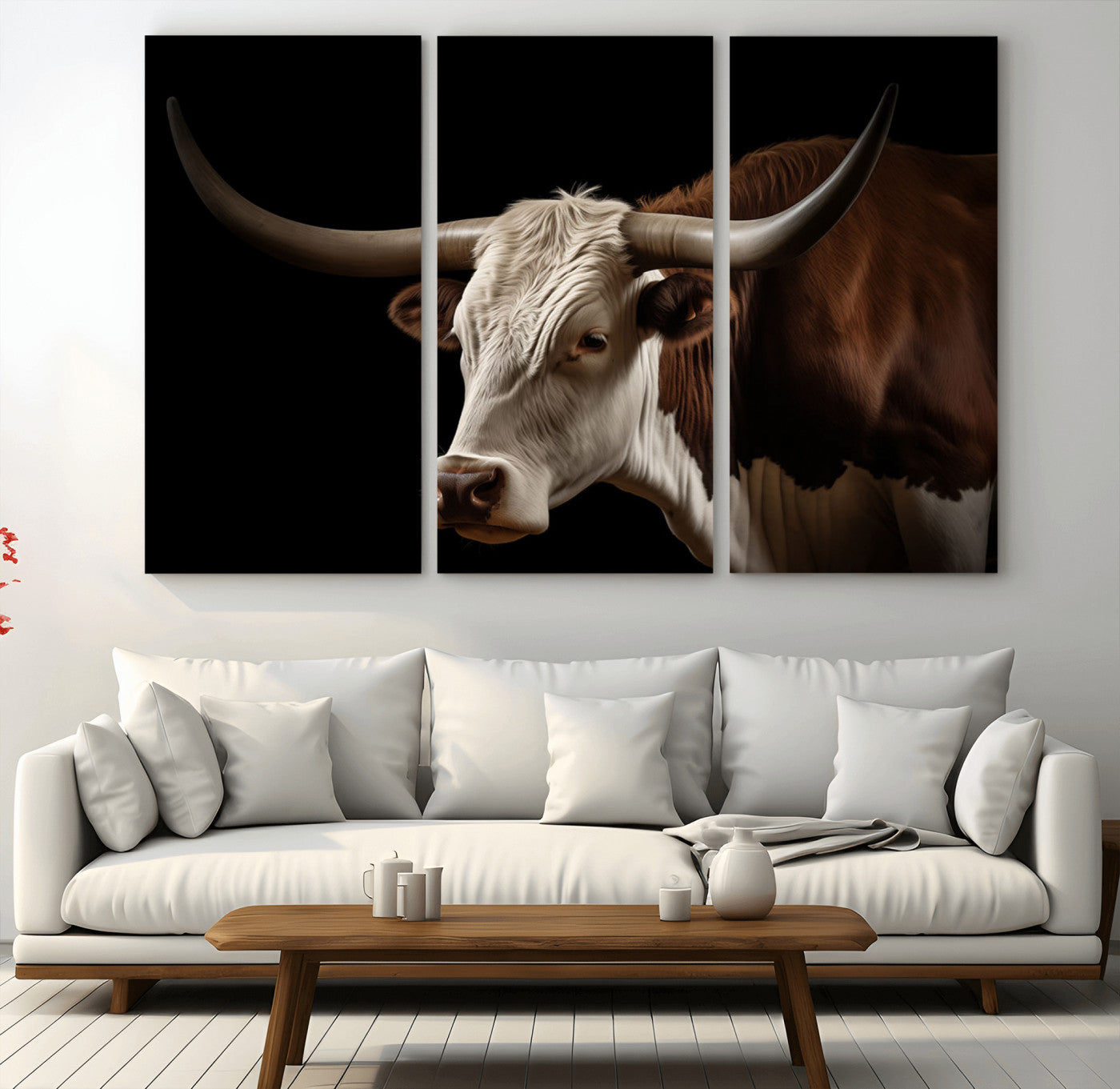 27414857-MGV-CV-36X24-Longhorn Bull Wall Art – Dramatic Western Steer Portrait Canvas Print, Rustic Farmhouse Animal Decor for Living Room, Office, or