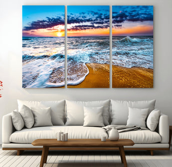 24077769-MGV-CV-36X24-Sunset Beach Wall Art – Ocean Waves Canvas Print, Golden Shoreline Photography Coastal Decor for Living Room, Bedroom, Office,